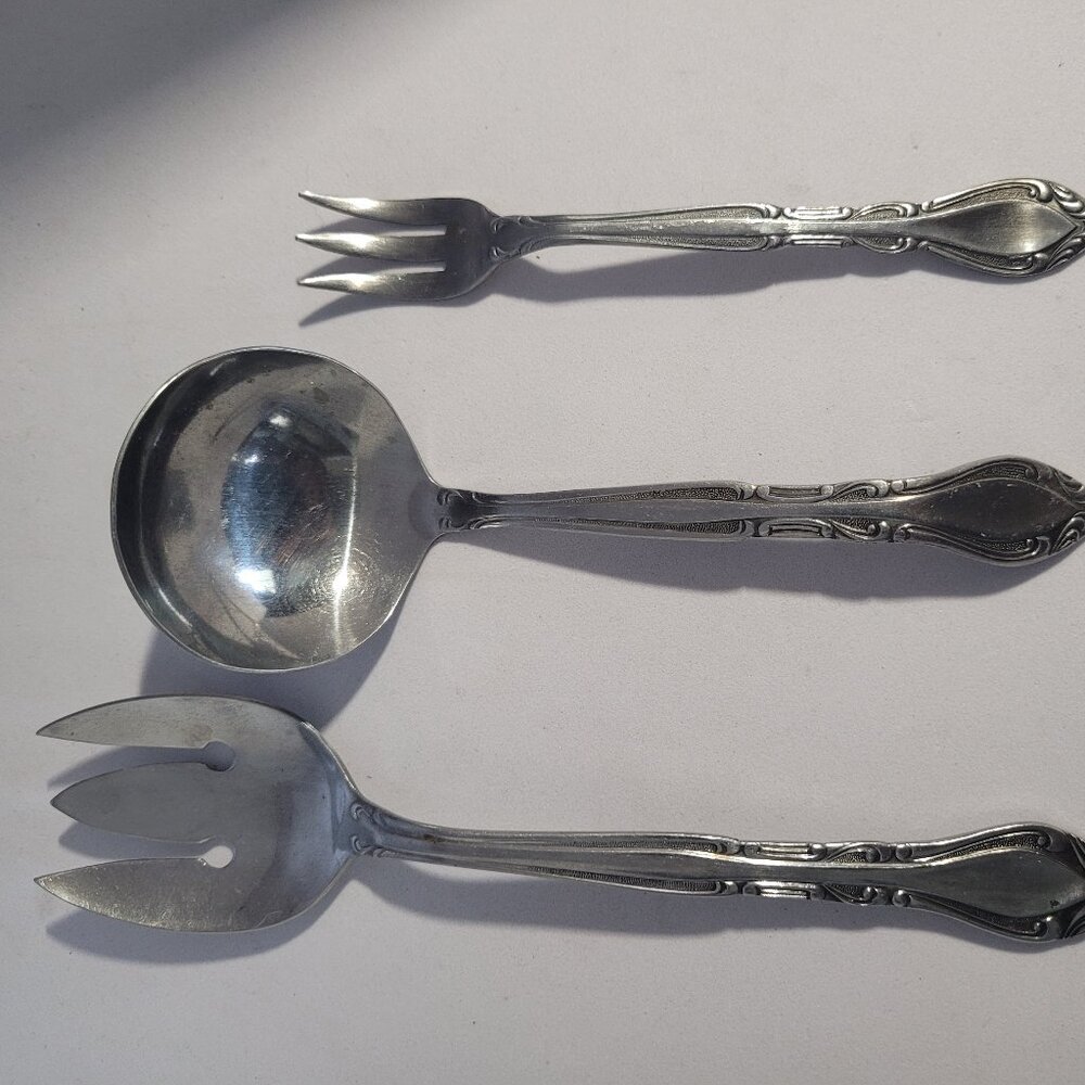 Rogers Stainless Serving Spoon, Serving & Cocktail Fork Auberge Satin Scroll VTG